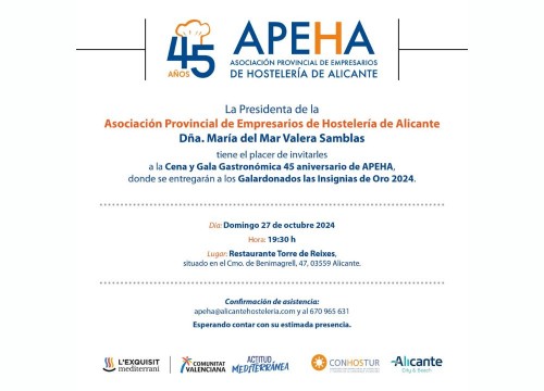 Invitación Cena y Gala Gastronómica 45 aniversario de APEHA, el 27 de octubre