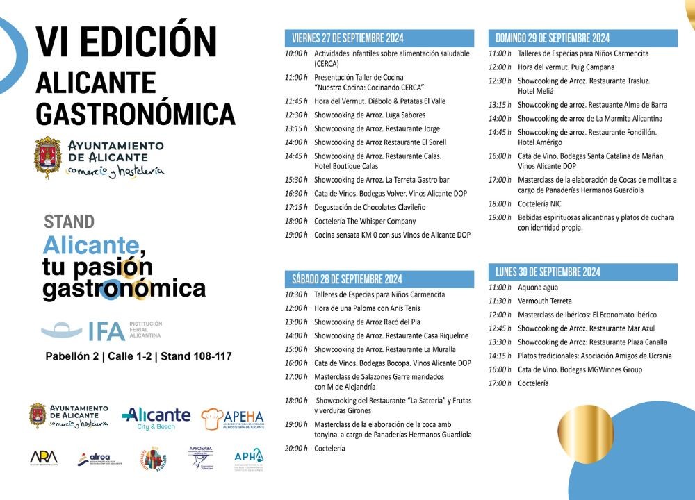 El Ayuntamiento de Alicante, desarrolla hasta el lunes en su stand de la feria un amplio programa los cuatro días con talleres, degustaciones, catas, masterclass y ‘showcooking’ de arroces