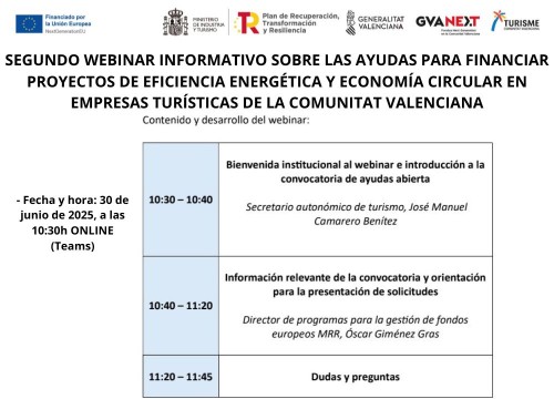 Turisme Comunitat Valenciana: Segundo webinar informativo sobre las actuales ayudas a proyectos de eficiencia energética y economía circular en empresas turísticas