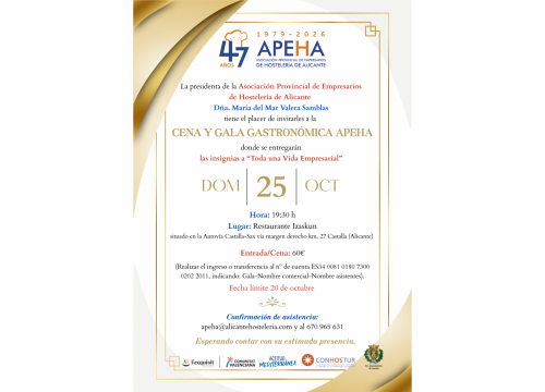 APEHA celebrará su Gala Insignias de Oro 2026 para reconocer la trayectoria y el compromiso de la hostelería alicantina en Castalla